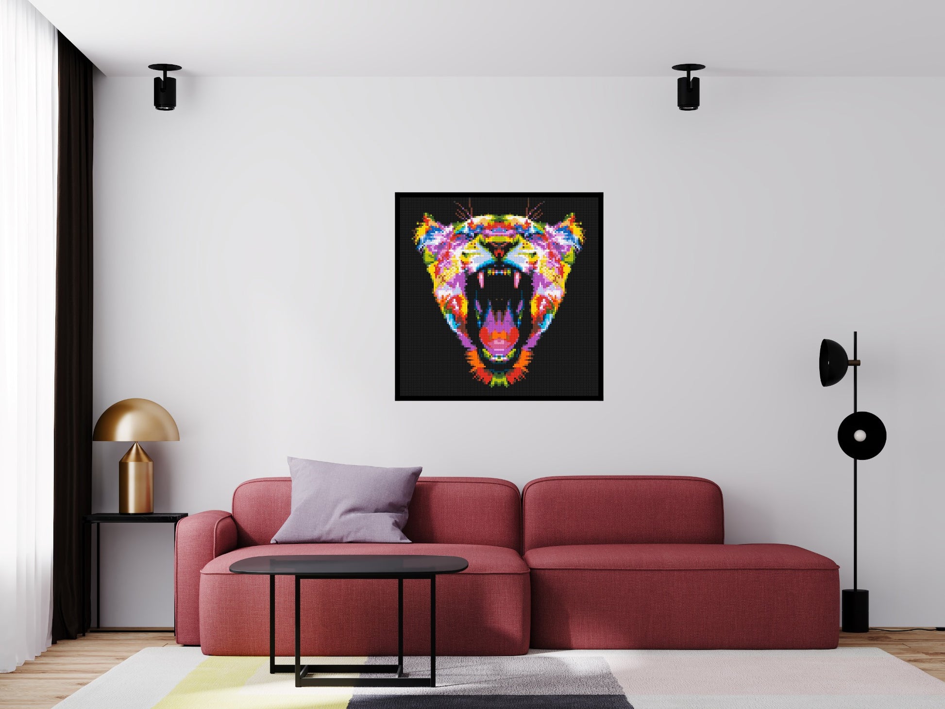 Roaring Tiger Colourful Pop Art - Brick Art Mosaic Kit 5x5 scene with frame