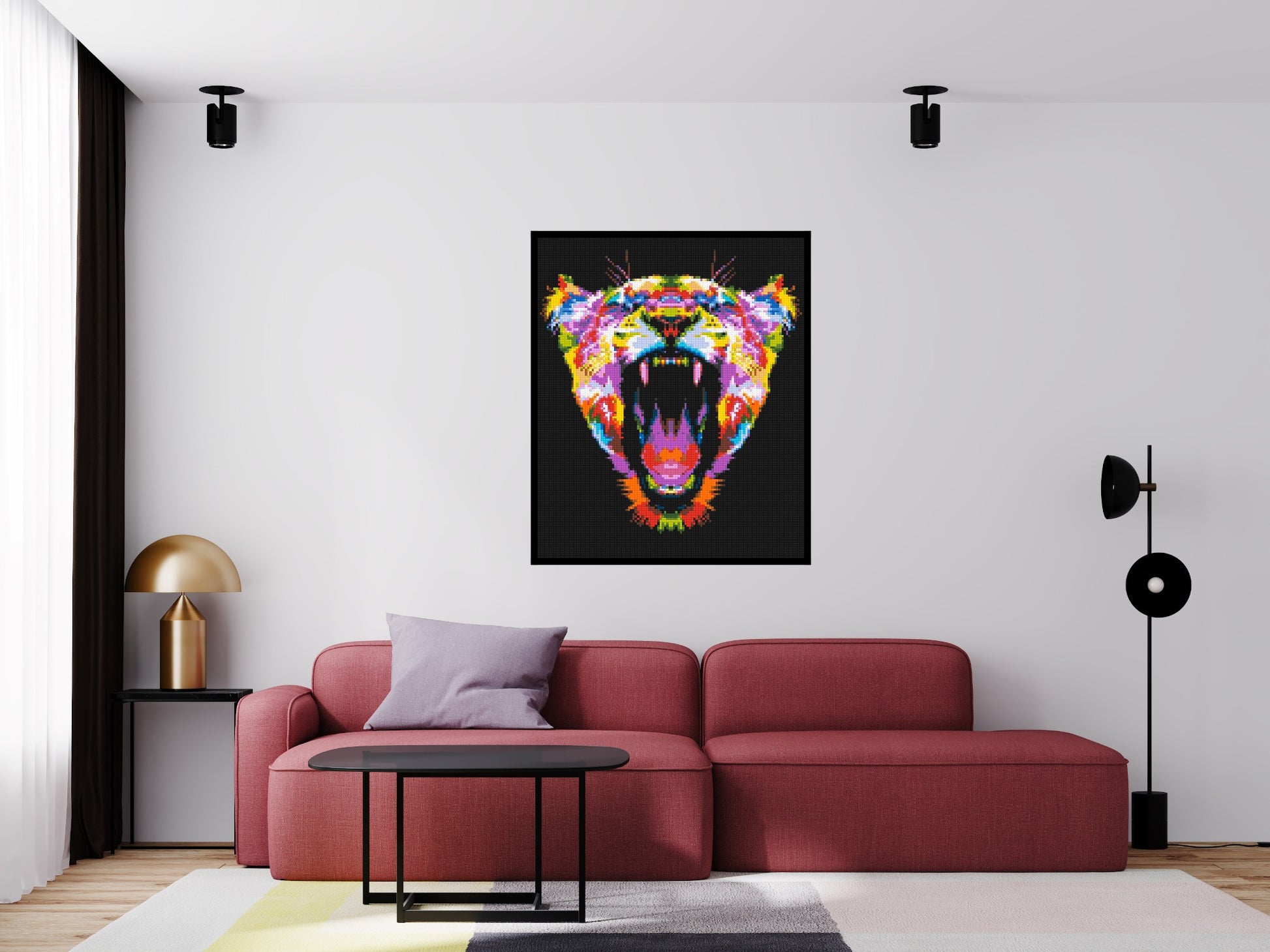 Roaring Tiger Colourful Pop Art - Brick Art Mosaic Kit 5x6 scene with frame