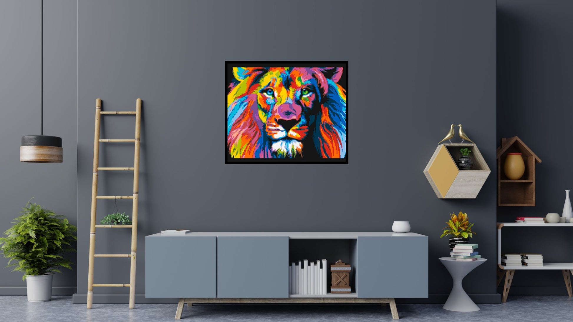 Lion Colourful Pop Art - Brick Art Mosaic Kit 6x5 scene with frame