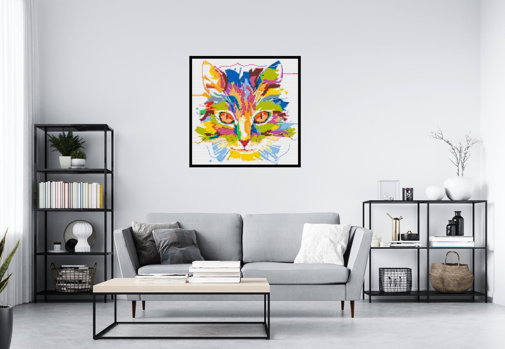 Abstract Cat Colourful Pop Art - Brick Art Mosaic Kit 5x5 scene with frame