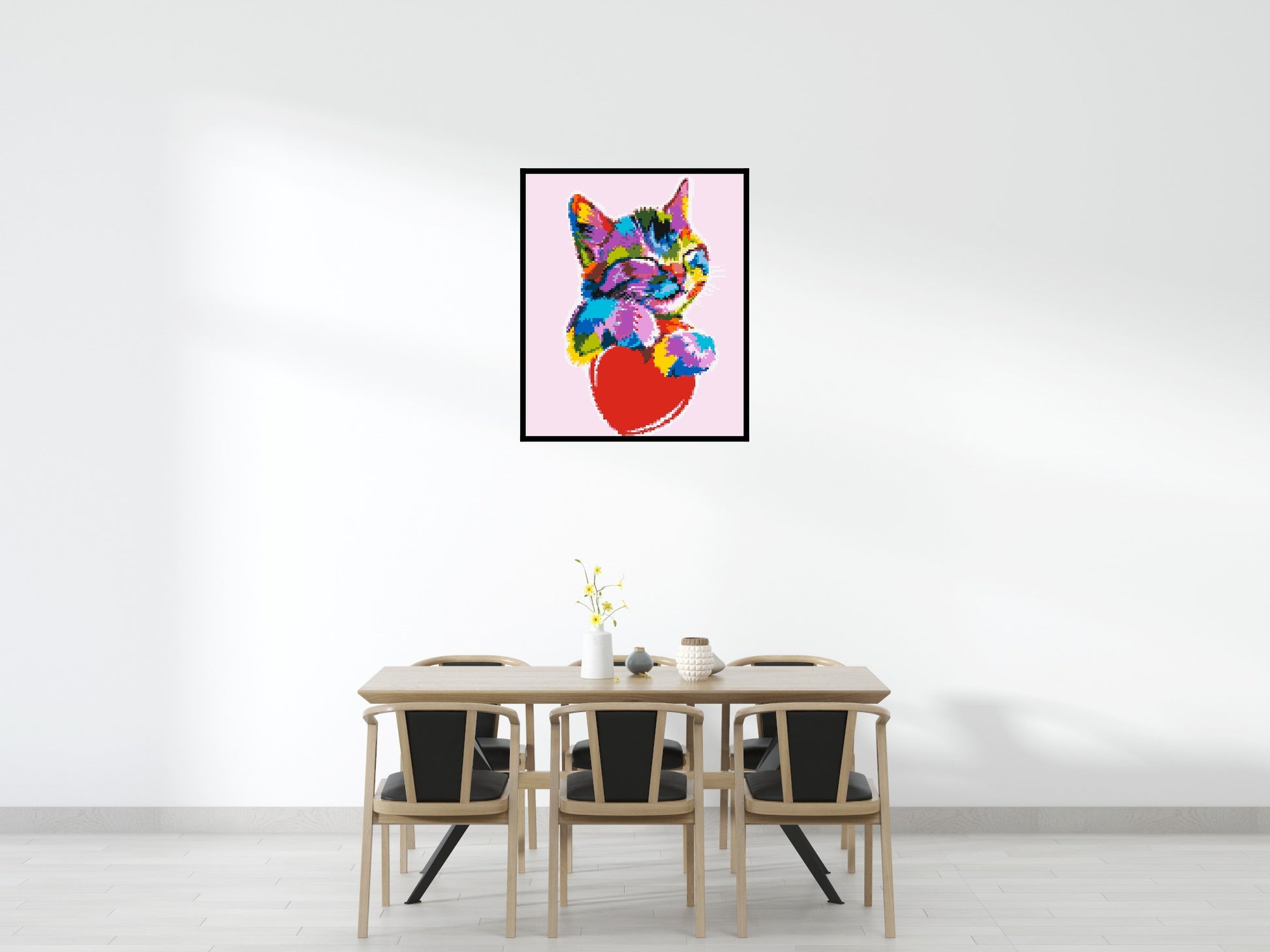 Cat with a Heart Colourful Pop Art - Brick Art Mosaic Kit 5x6 scene with frame