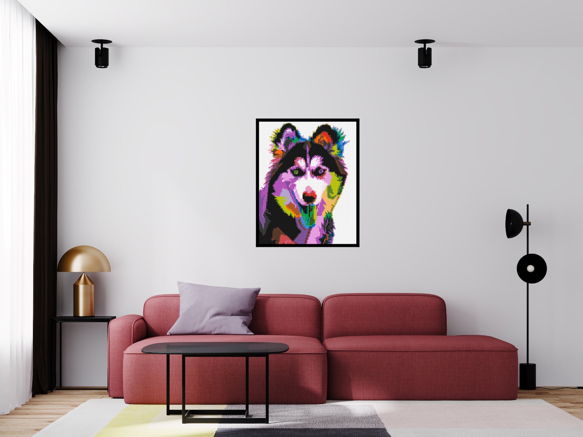 Husky Colourful Pop Art - Brick Art Mosaic Kit 4x5 scene with frame
