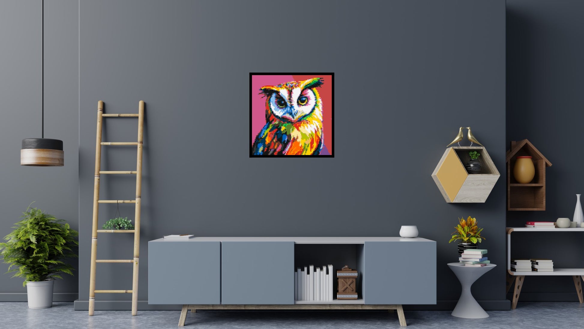 Owl Colourful Pop Art - Brick Art Mosaic Kit 4x4 scene with frame
