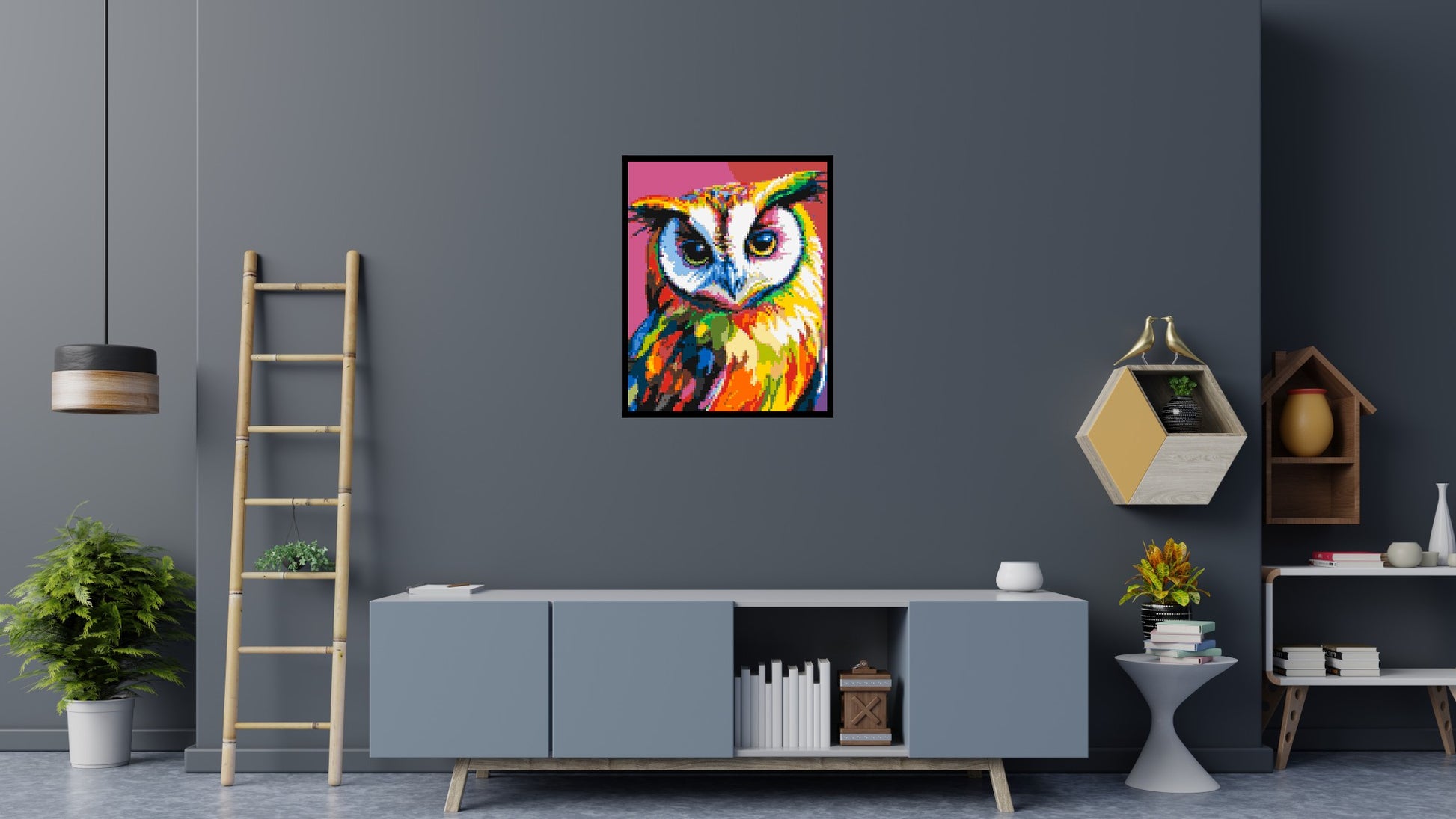 Owl Colourful Pop Art - Brick Art Mosaic Kit 4x5 scene with frame