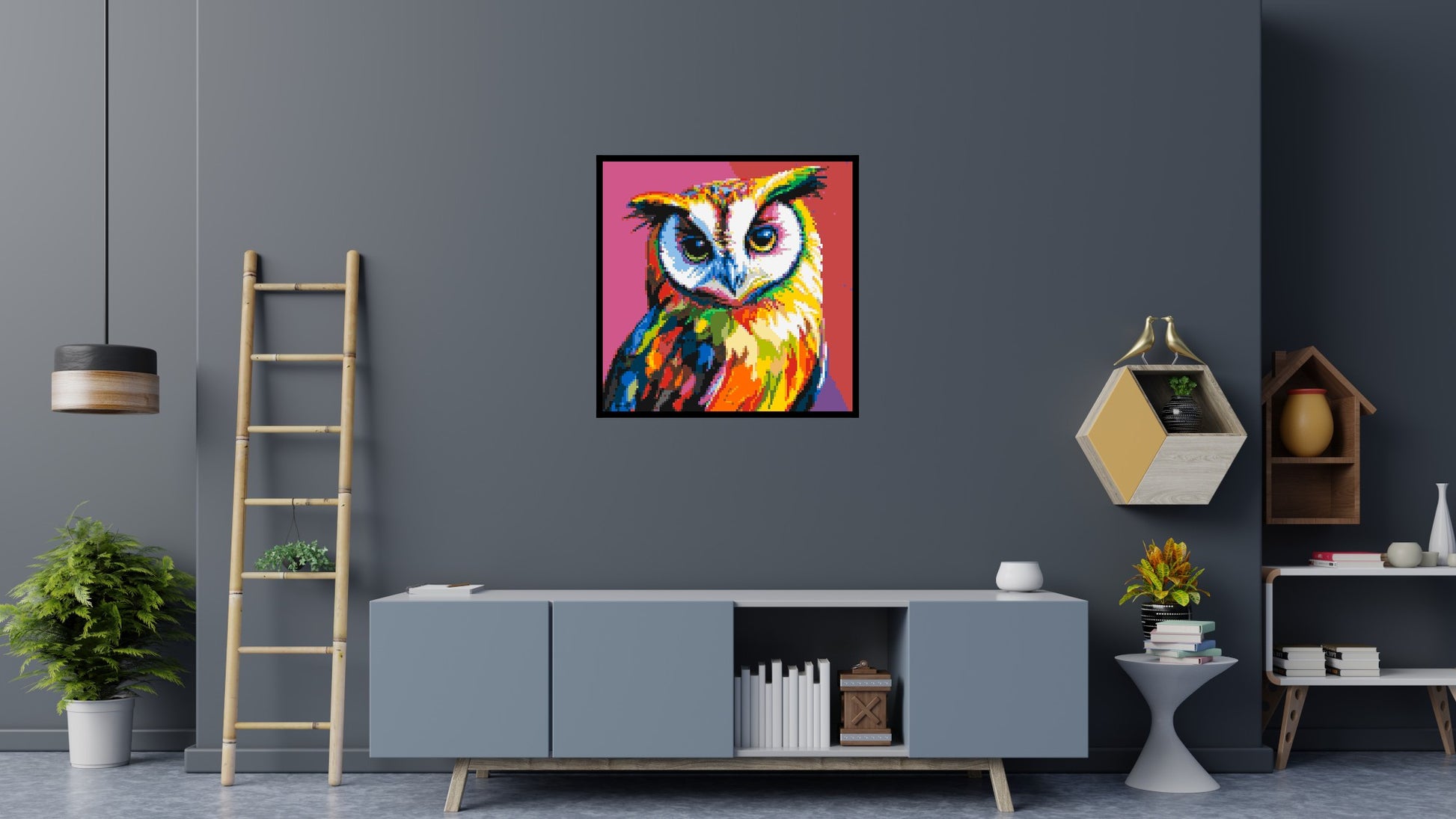 Owl Colourful Pop Art - Brick Art Mosaic Kit 5x5 scene with frame