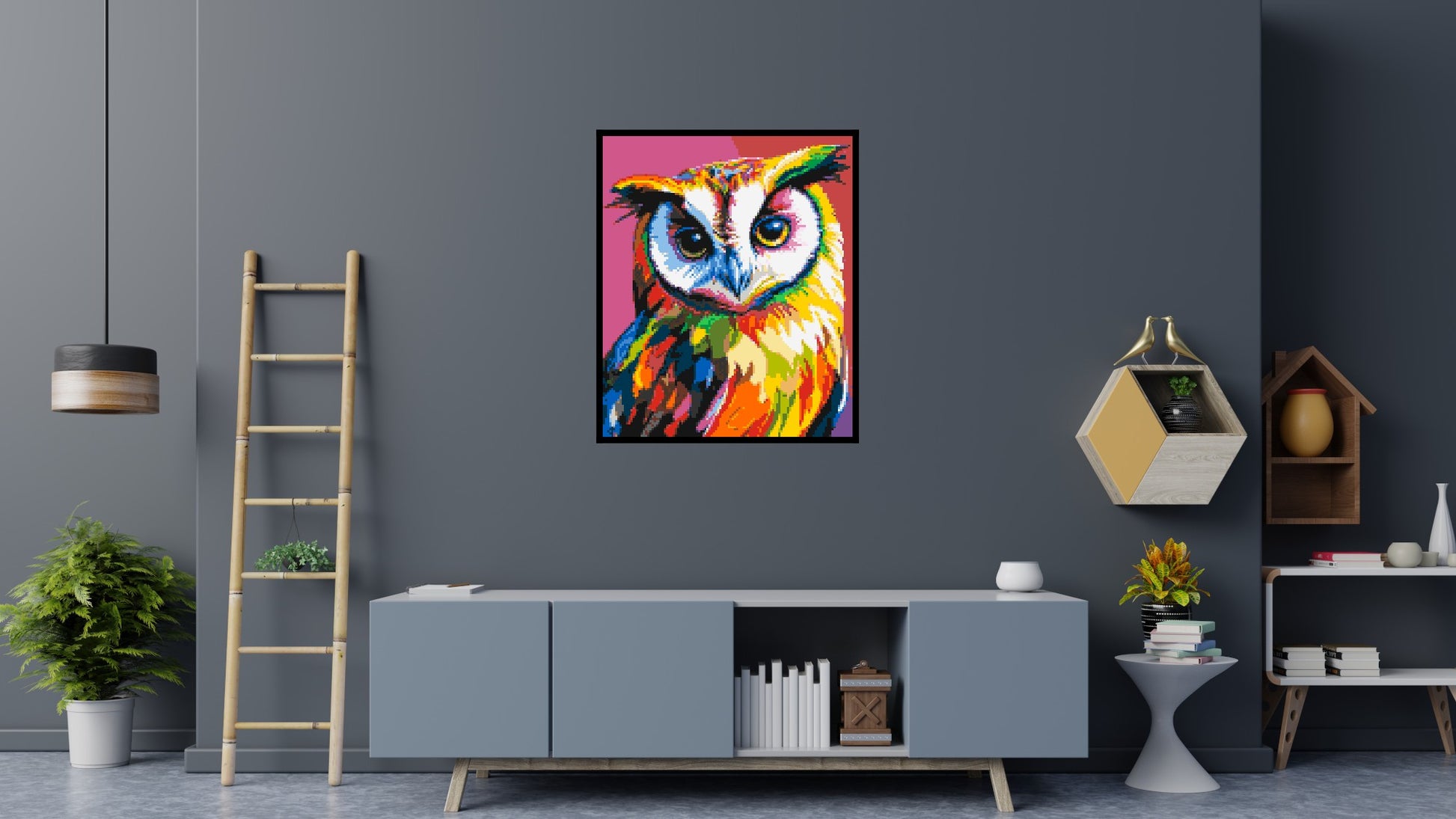 Owl Colourful Pop Art - Brick Art Mosaic Kit 5x6 scene with frame