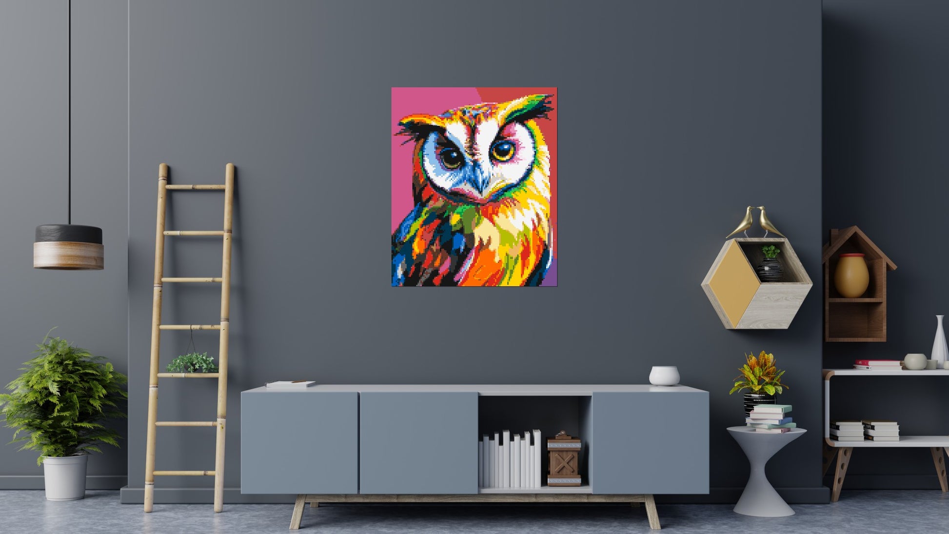 Owl Colourful Pop Art - Brick Art Mosaic Kit 5x6 scene