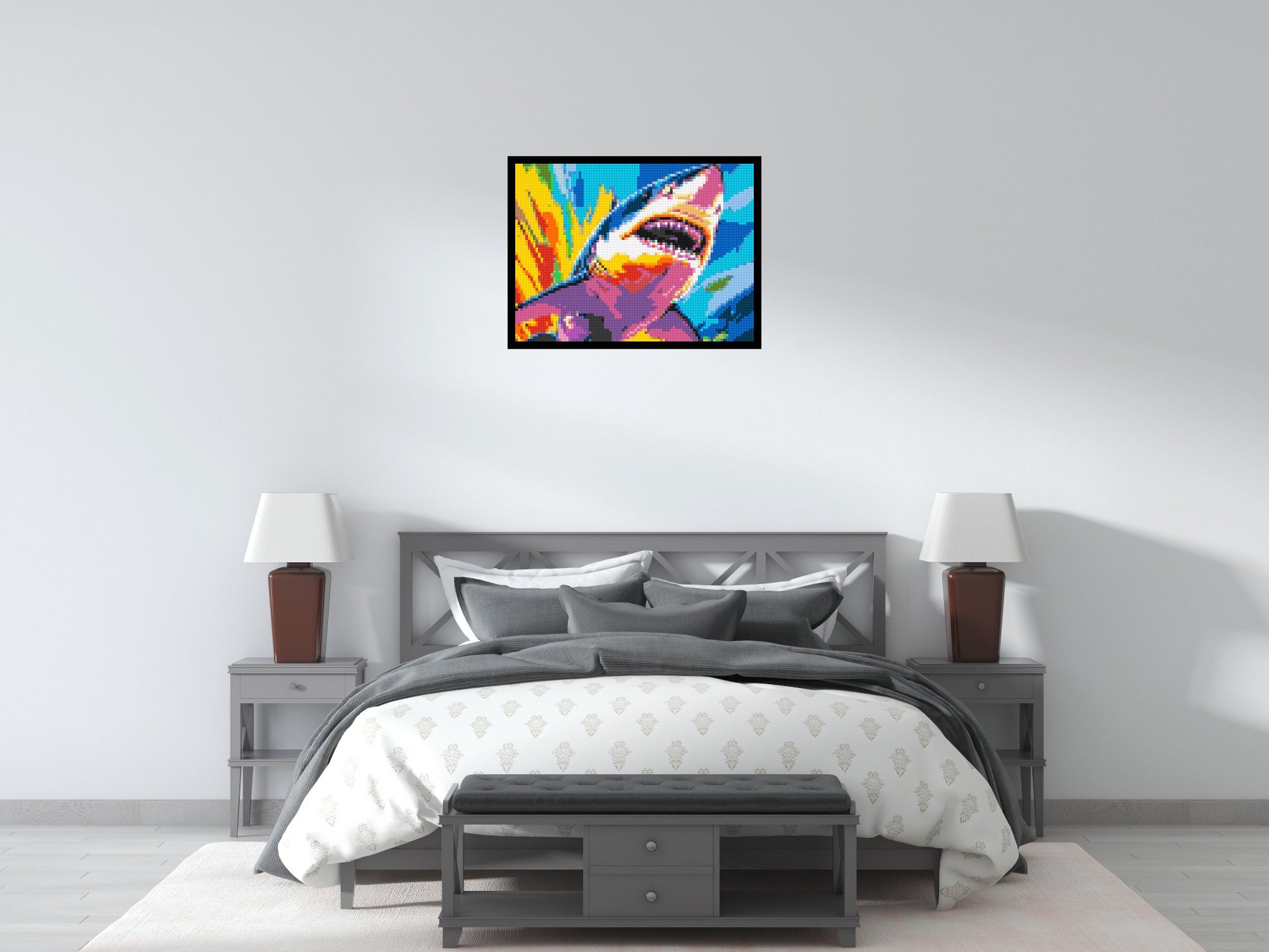 Shark Colourful Pop Art - Brick Art Mosaic Kit 4x3 scene with frame