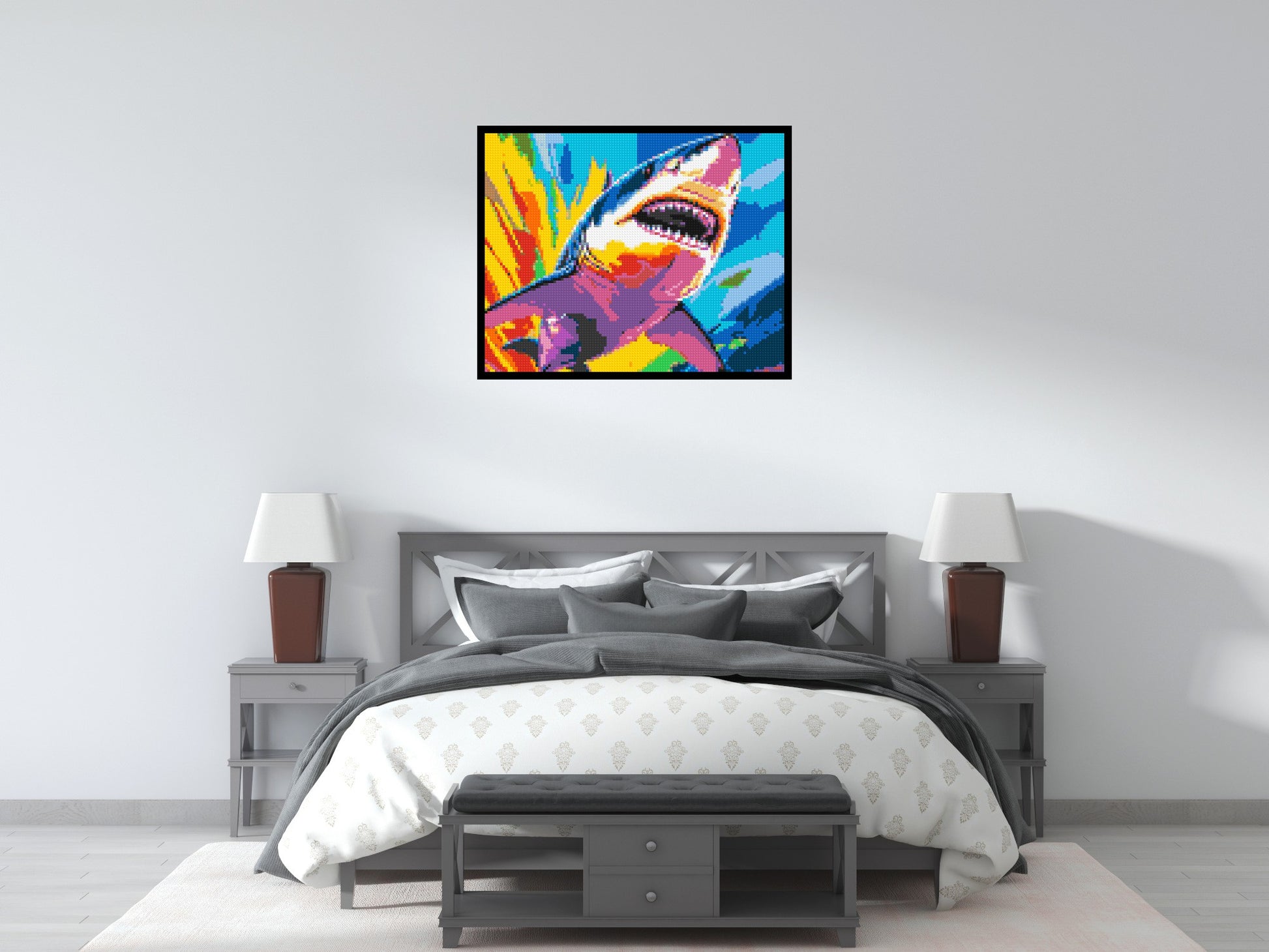 Shark Colourful Pop Art - Brick Art Mosaic Kit 5x4 scene with frame