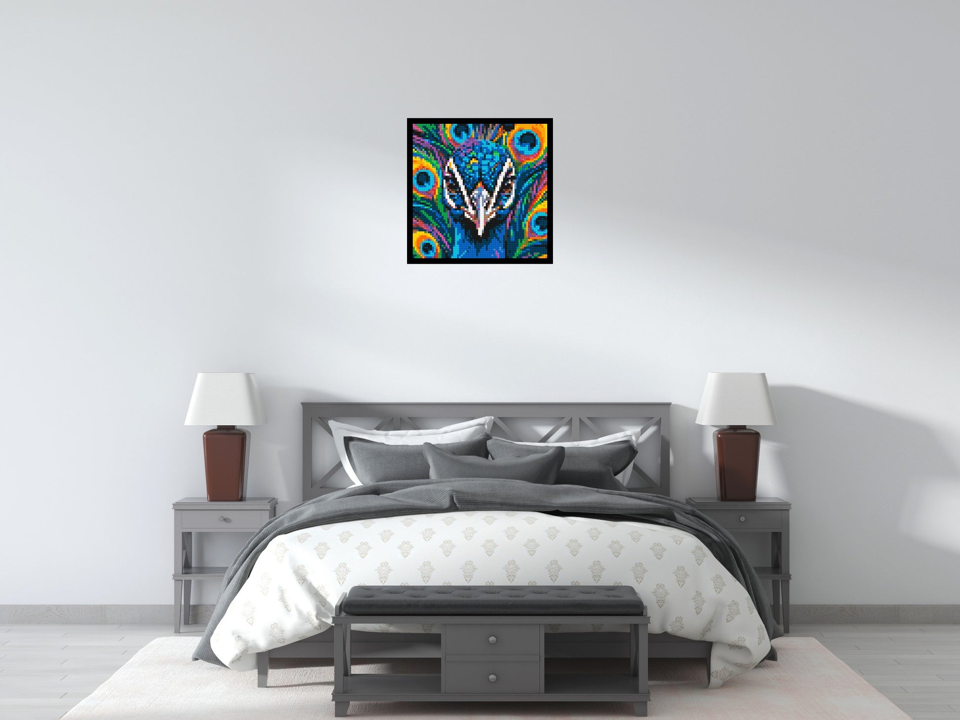 Vibrant Peacock Pop Art - Brick Art Mosaic Kit 3x3 scene with frame