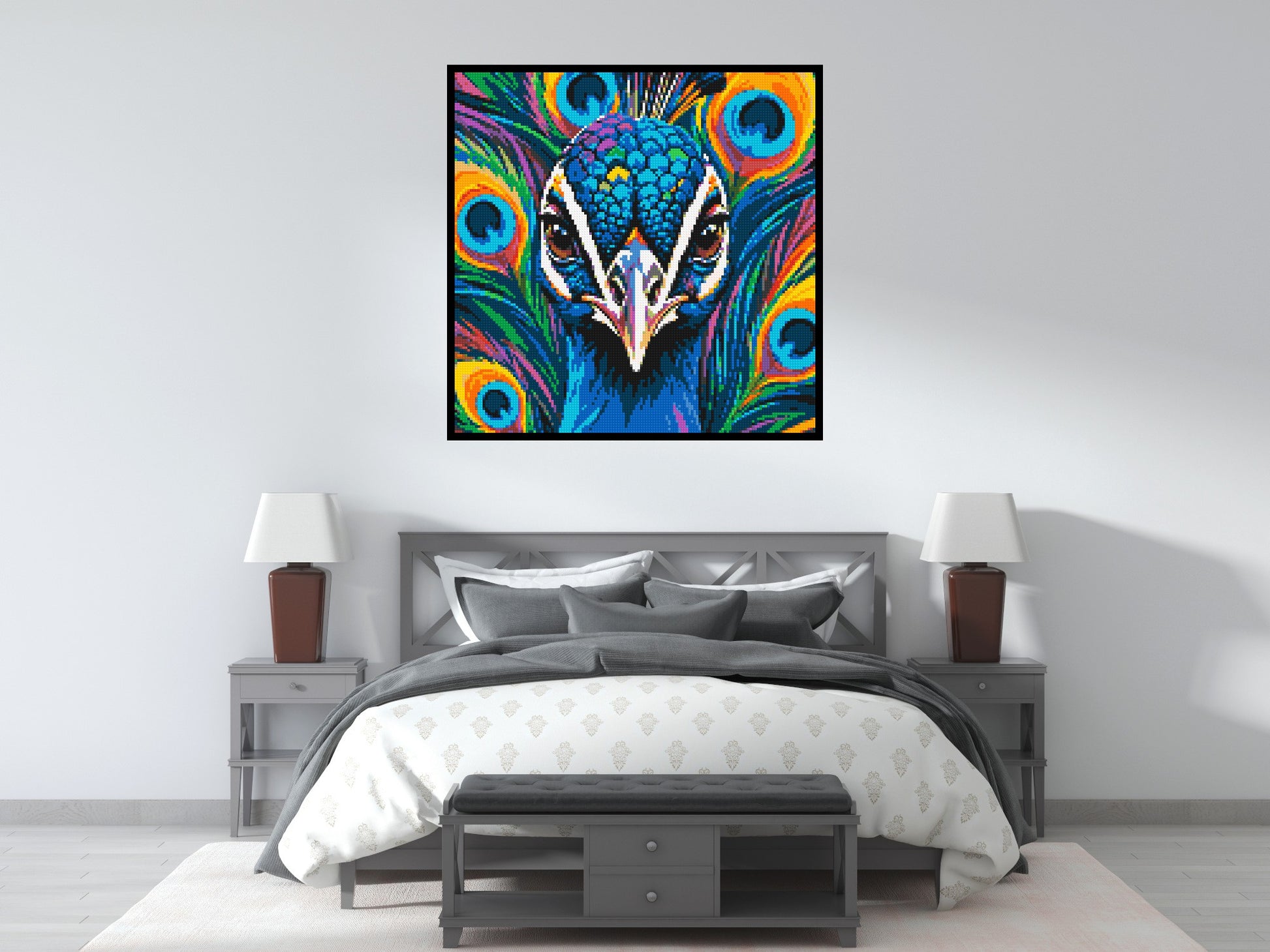 Vibrant Peacock Pop Art - Brick Art Mosaic Kit 6x6 scene with frame