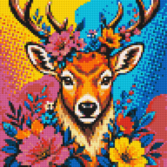Majestic Stag with Colorful Floral Antlers Pop Art - Brick Art Mosaic Kit 4x4 large