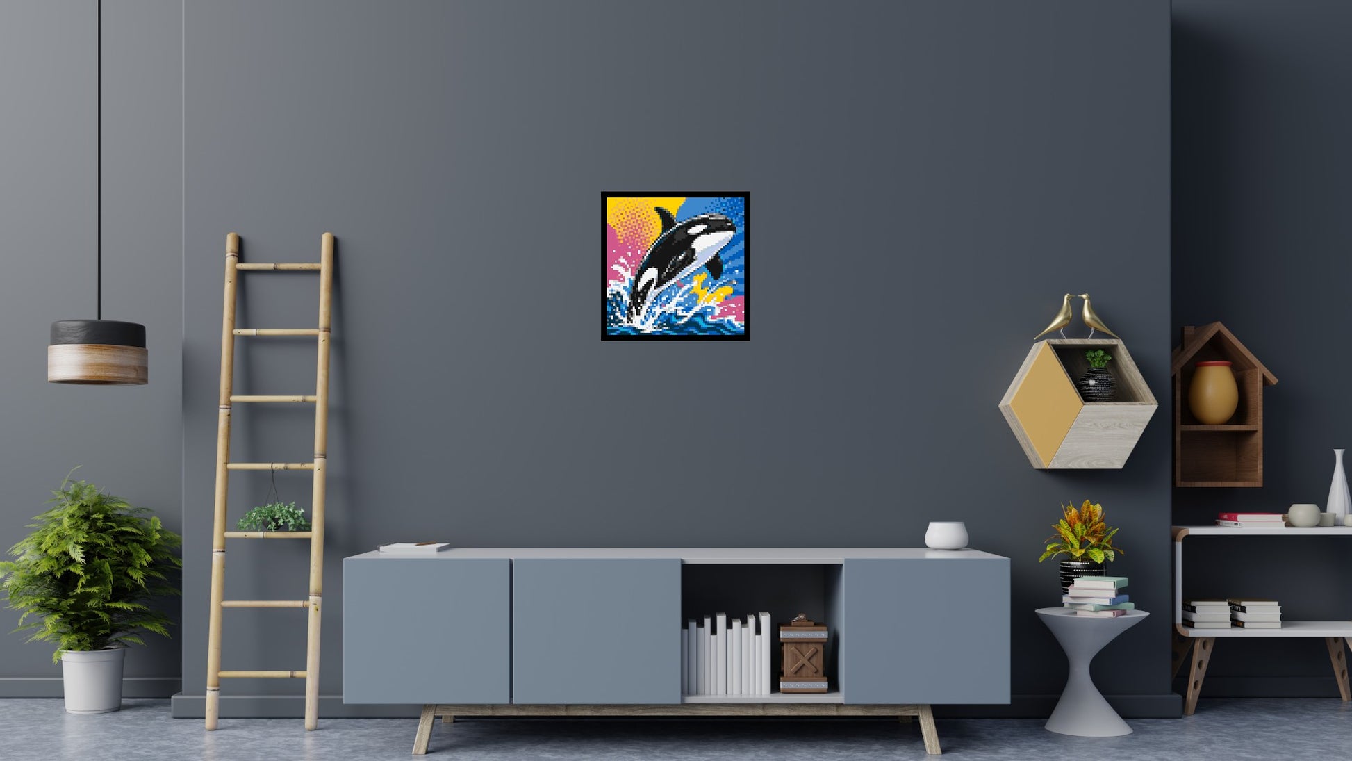 Leaping Orca Whale Comic Pop Art - Brick Art Mosaic Kit 3x3 scene with frame