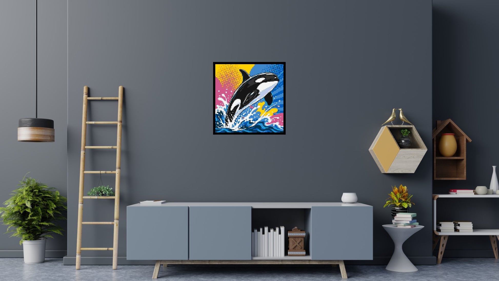 Leaping Orca Whale Comic Pop Art - Brick Art Mosaic Kit 4x4 scene with frame