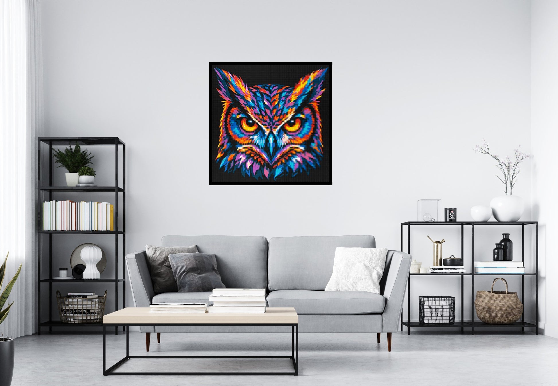 Psychedelic Neon Owl Face Pop Art - Brick Art Mosaic Kit 5x5 scene with frame