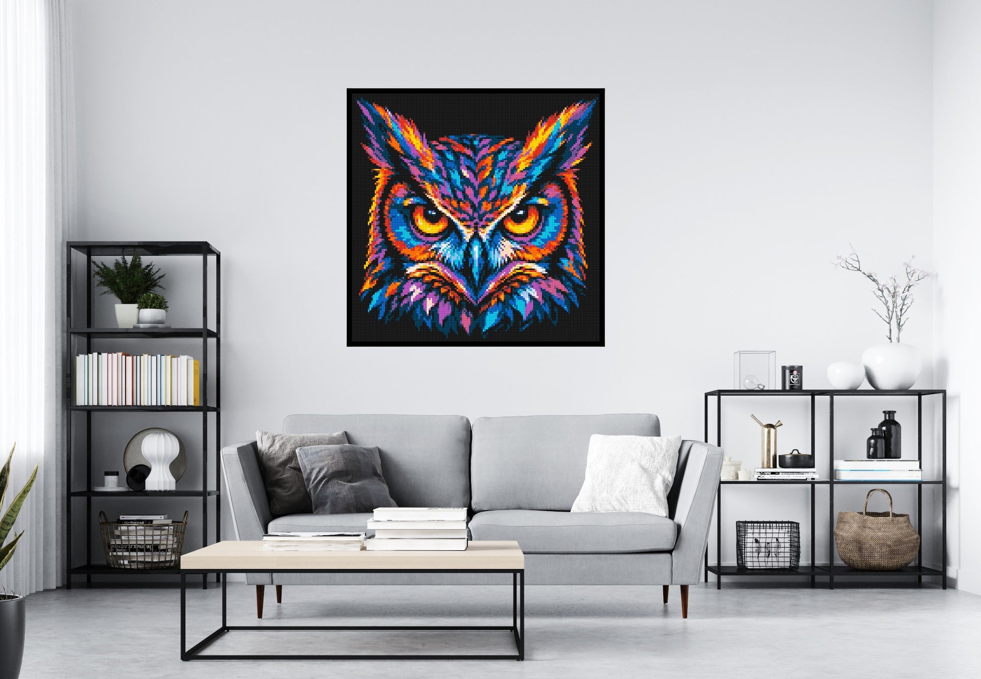 Psychedelic Neon Owl Face Pop Art - Brick Art Mosaic Kit 6x6 scene with frame