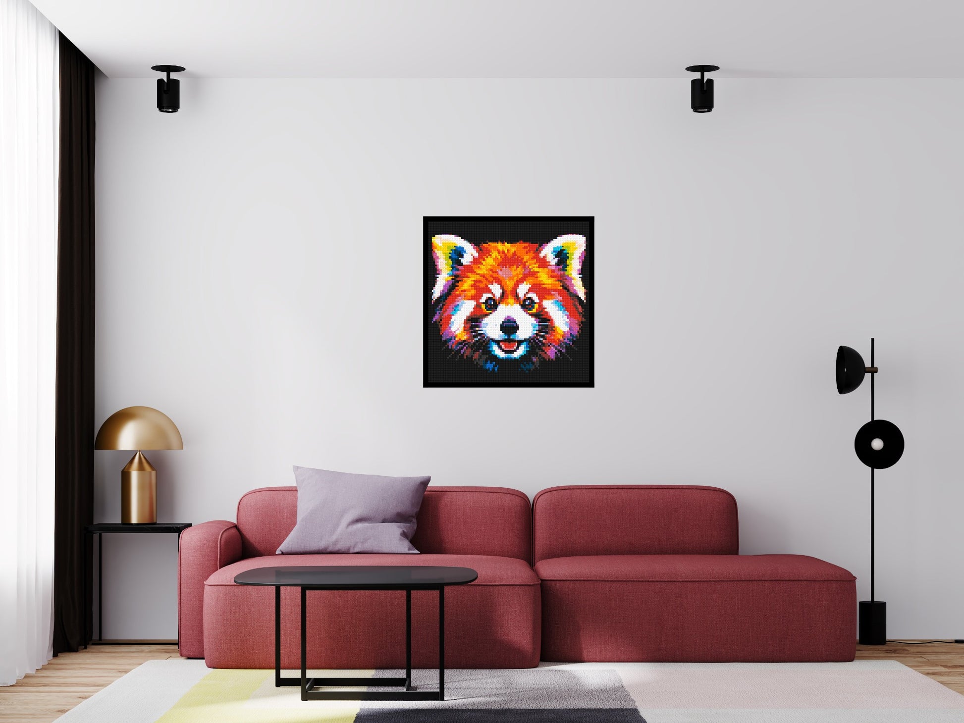Vibrant Red Panda Face Pop Art - Brick Art Mosaic Kit 4x4 scene with frame
