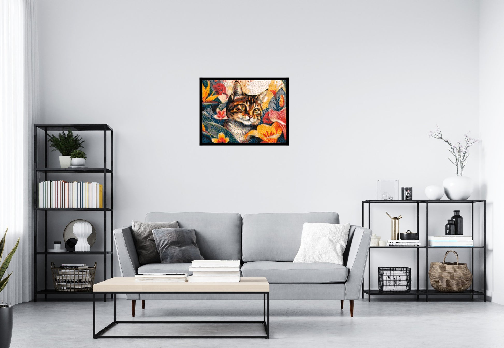 Tabby Cat in Tropical Flower Jungle Pop Art - Brick Art Mosaic Kit 4x3 scene with frame