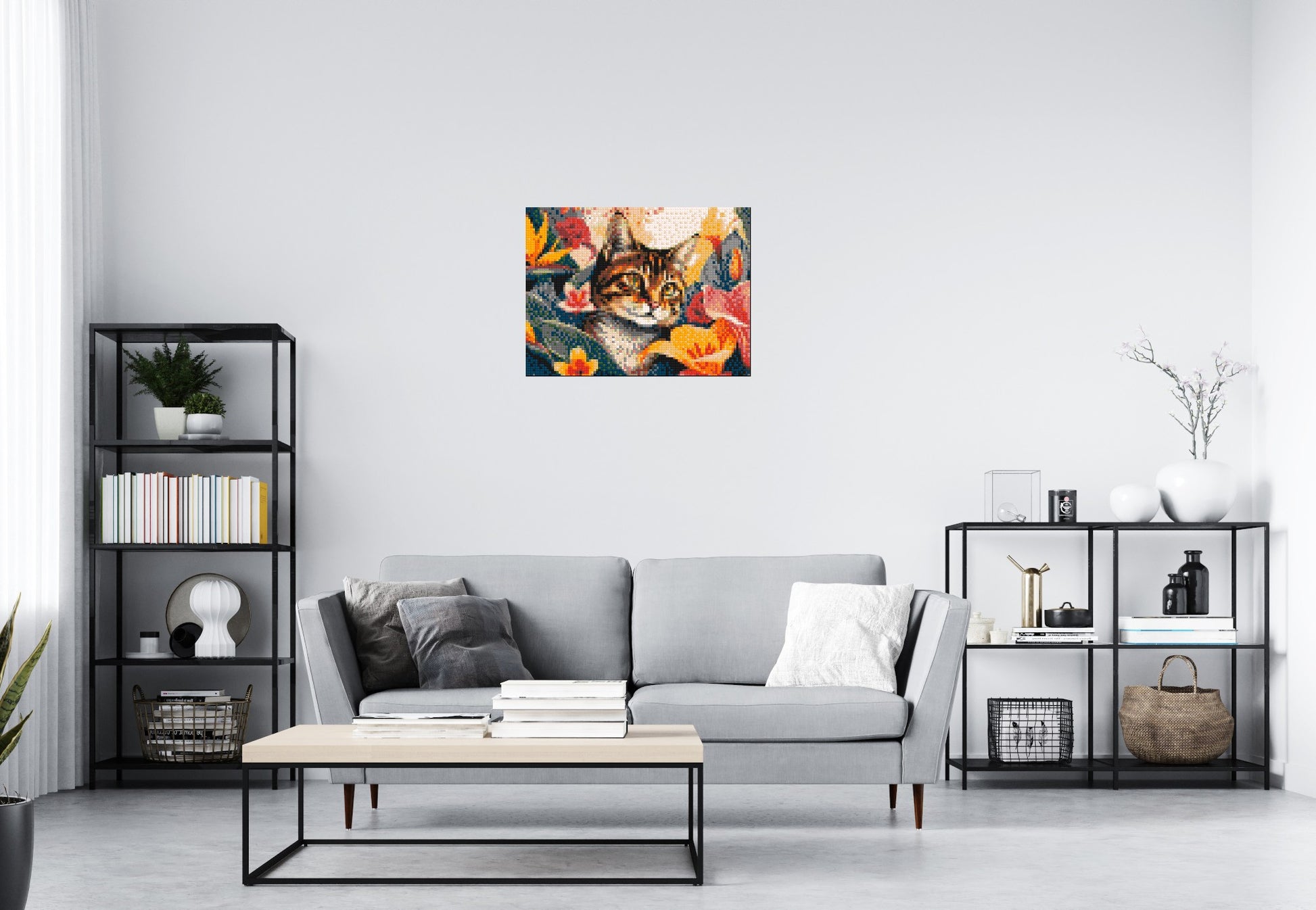 Tabby Cat in Tropical Flower Jungle Pop Art - Brick Art Mosaic Kit 4x3 scene