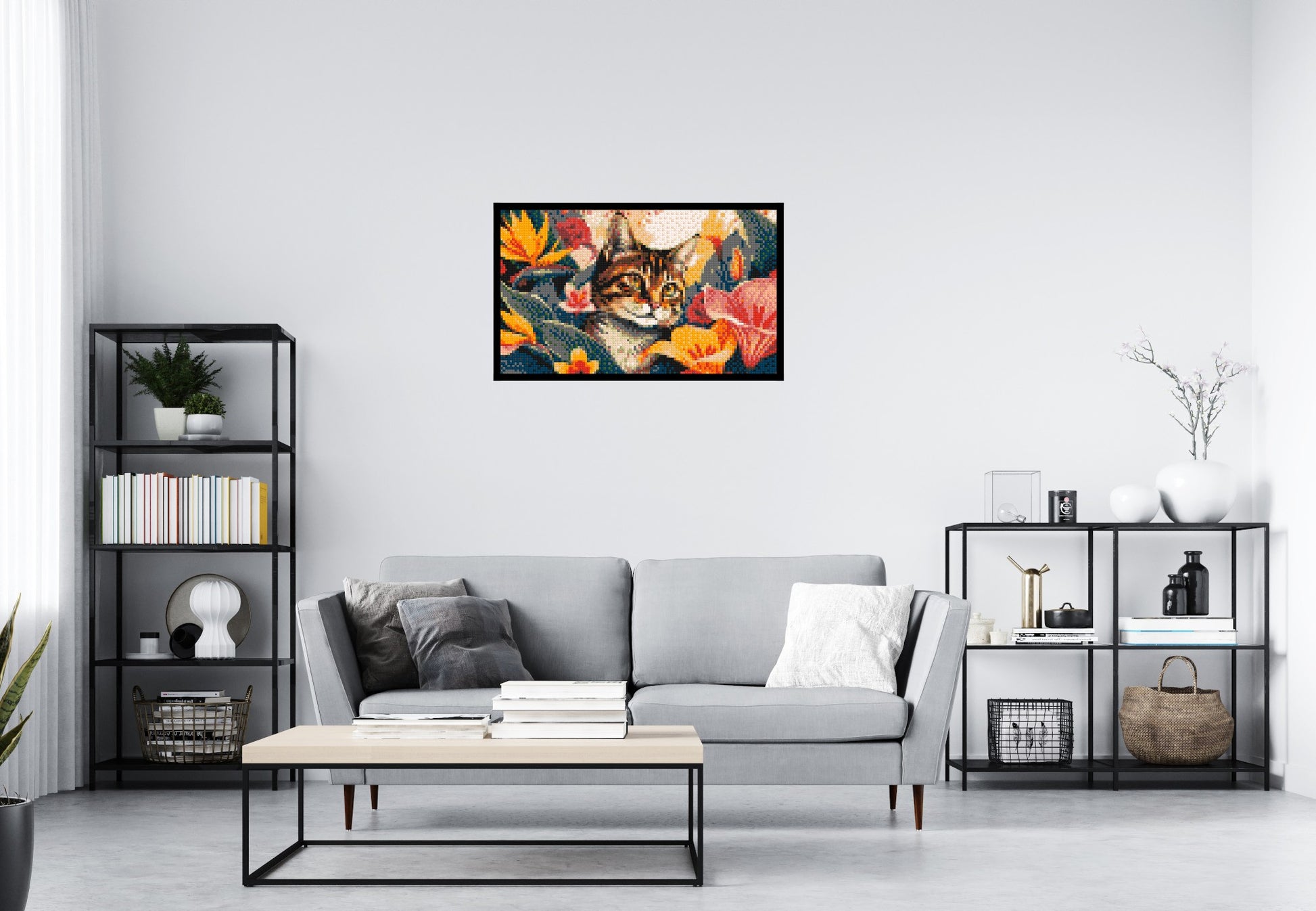 Tabby Cat in Tropical Flower Jungle Pop Art - Brick Art Mosaic Kit 5x3 scene with frame