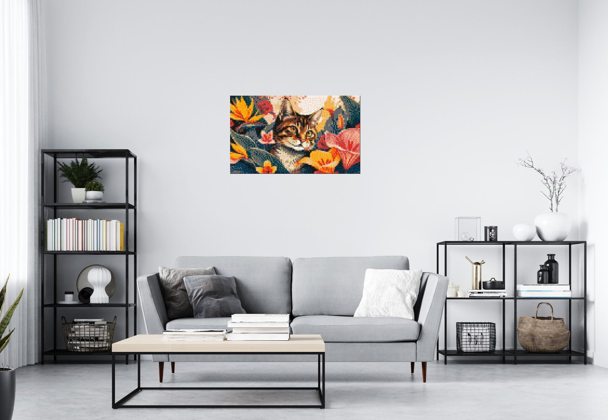 Tabby Cat in Tropical Flower Jungle Pop Art - Brick Art Mosaic Kit 5x3 scene