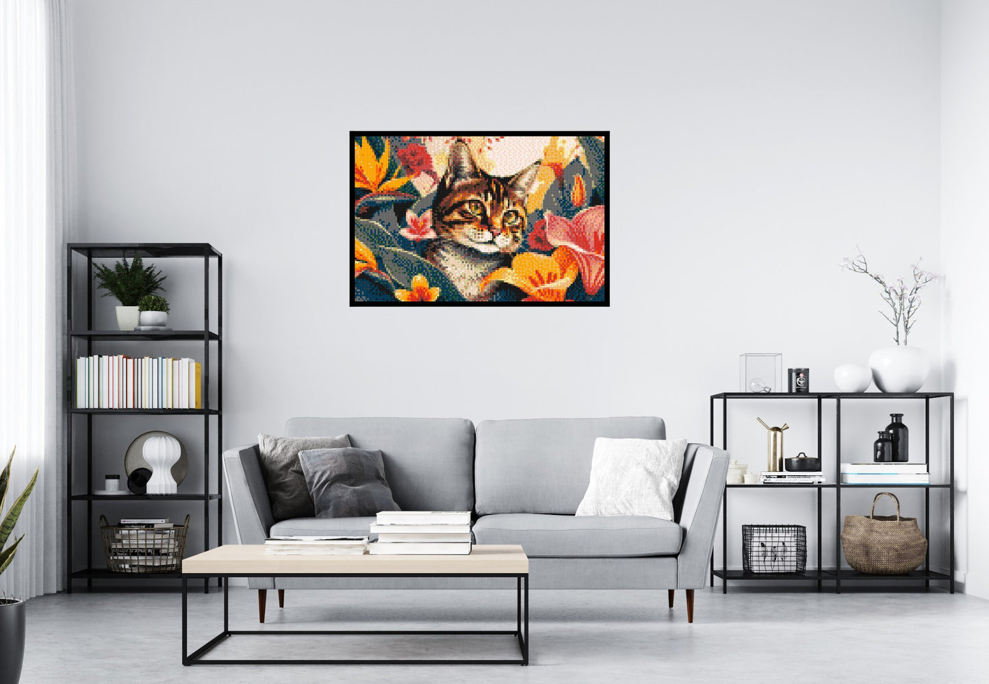 Tabby Cat in Tropical Flower Jungle Pop Art - Brick Art Mosaic Kit 6x4 large