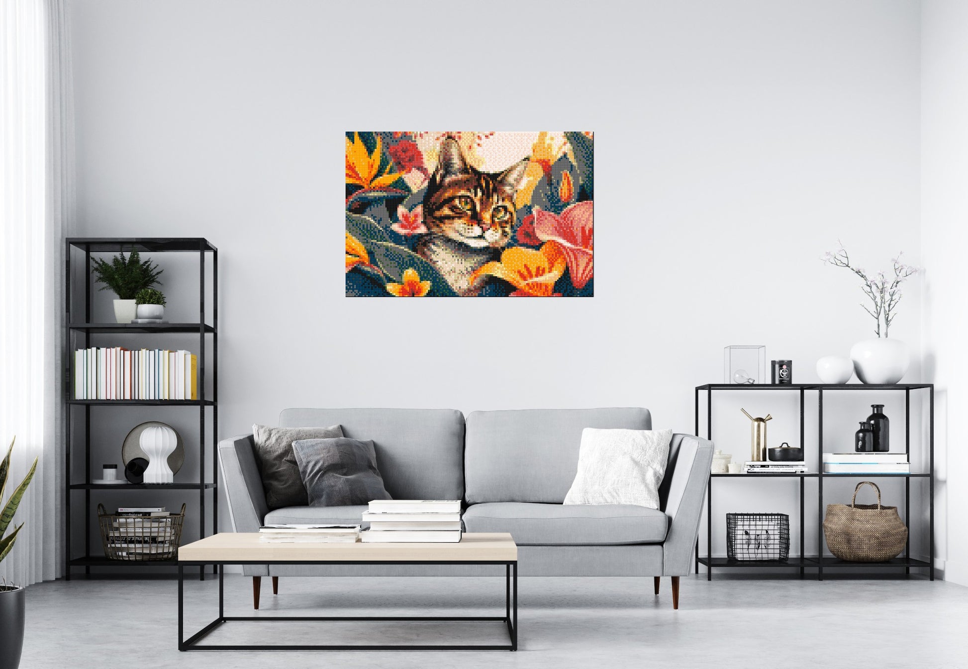 Tabby Cat in Tropical Flower Jungle Pop Art - Brick Art Mosaic Kit 6x4 scene