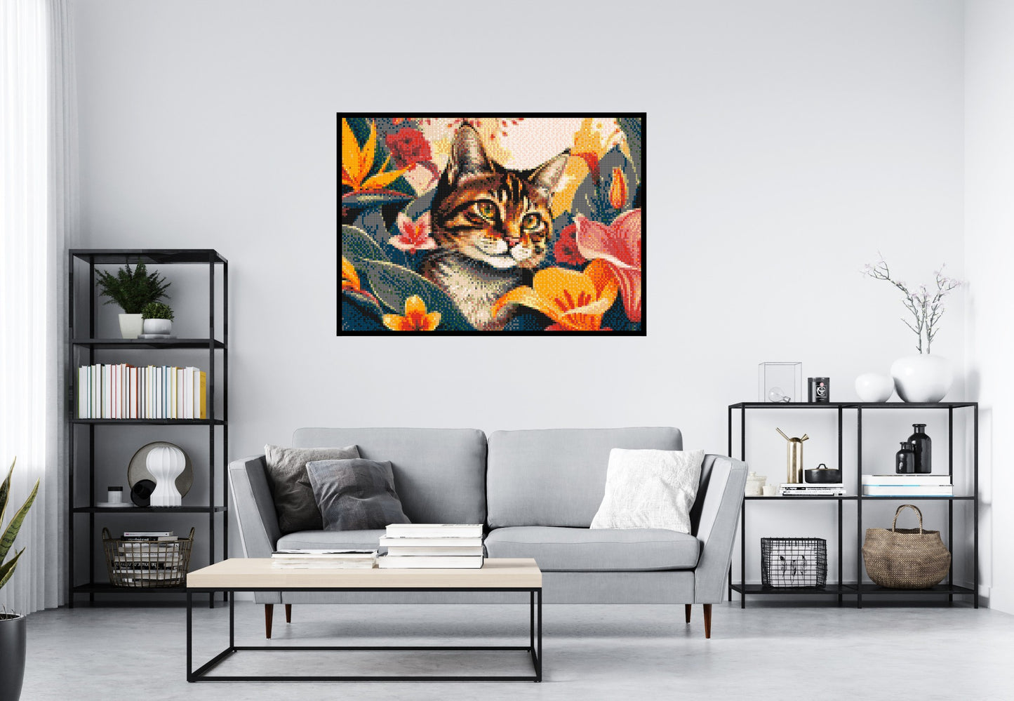 Tabby Cat in Tropical Flower Jungle Pop Art - Brick Art Mosaic Kit 7x5 large