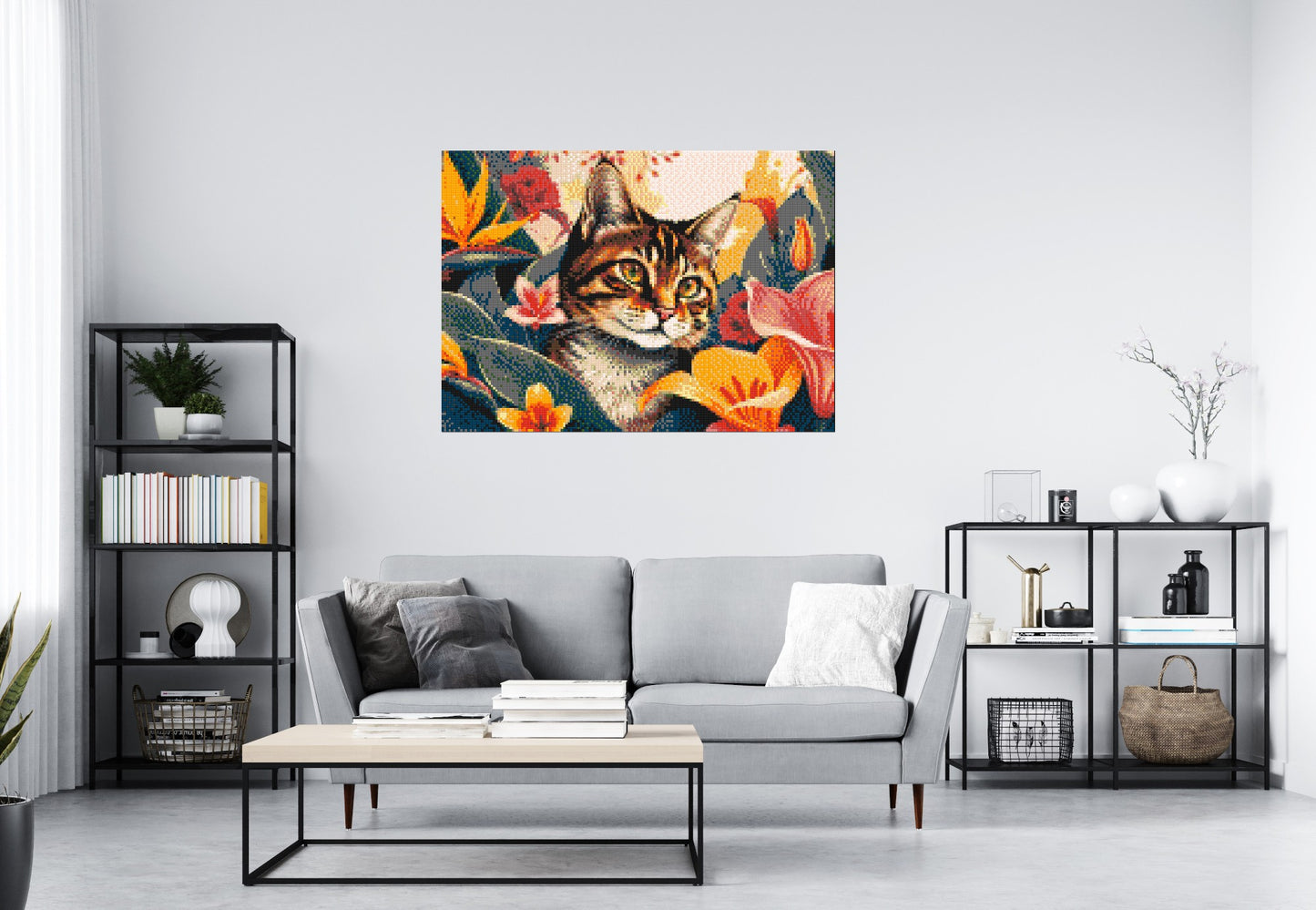 Tabby Cat in Tropical Flower Jungle Pop Art - Brick Art Mosaic Kit 7x5 large