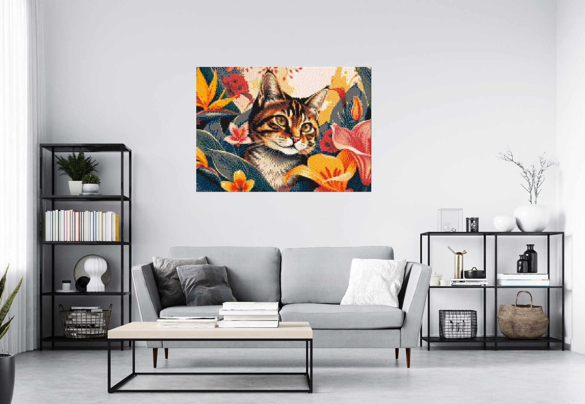 Tabby Cat in Tropical Flower Jungle Pop Art - Brick Art Mosaic Kit 7x5 scene