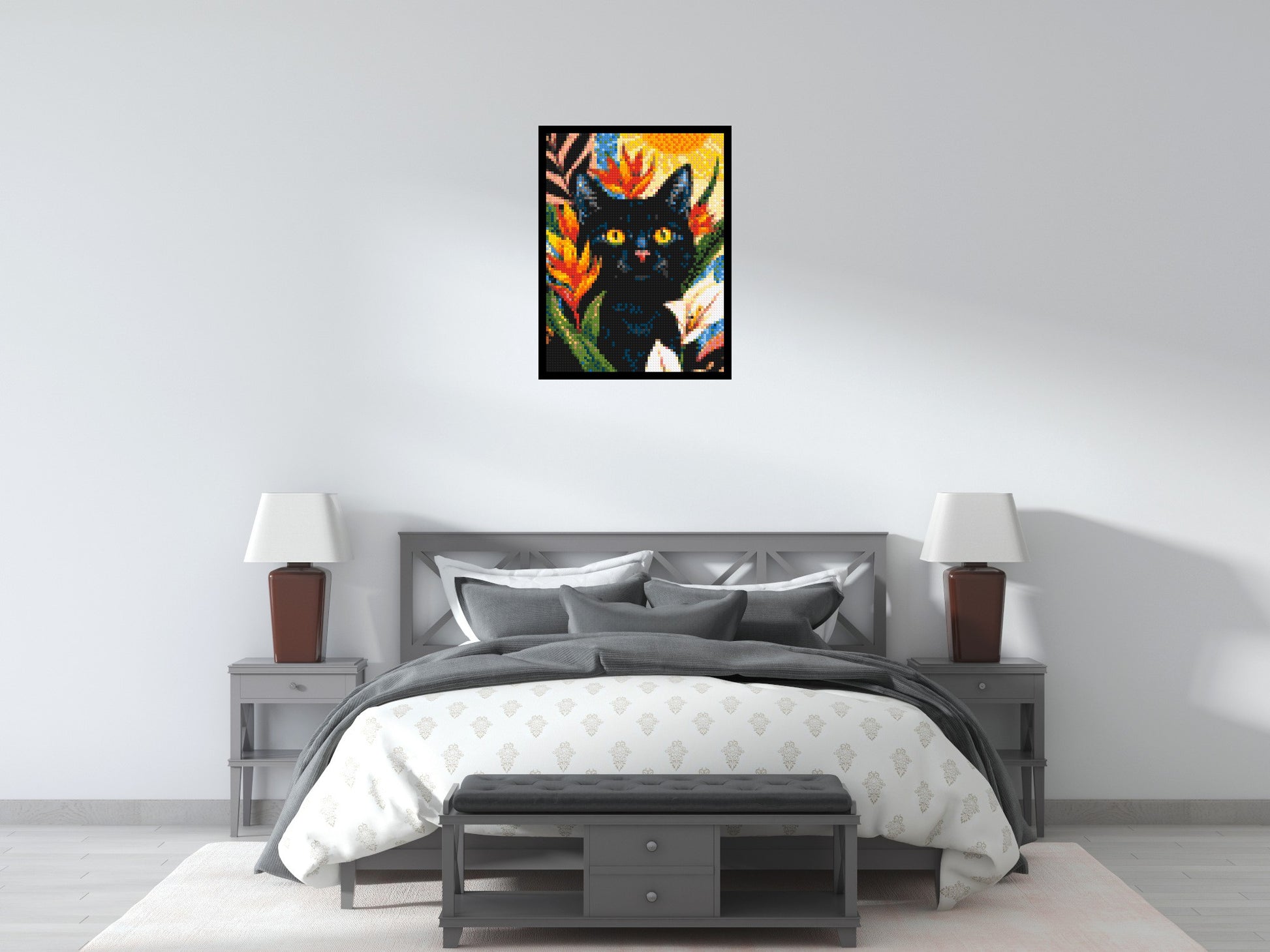 Black Cat in Tropical Sun Illustration - Brick Art Mosaic Kit 3x4 scene with frame