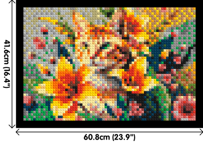 Ginger Tabby Cat with Orange Lilies and Pink Blossoms Illustration - Brick Art Mosaic Kit 3x2 large
