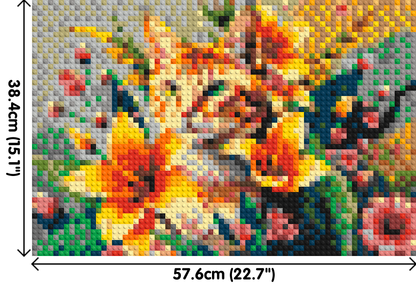 Ginger Tabby Cat with Orange Lilies and Pink Blossoms Illustration - Brick Art Mosaic Kit 3x2 large
