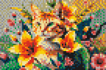Ginger Tabby Cat with Orange Lilies and Pink Blossoms Illustration - Brick Art Mosaic Kit 3x2 large
