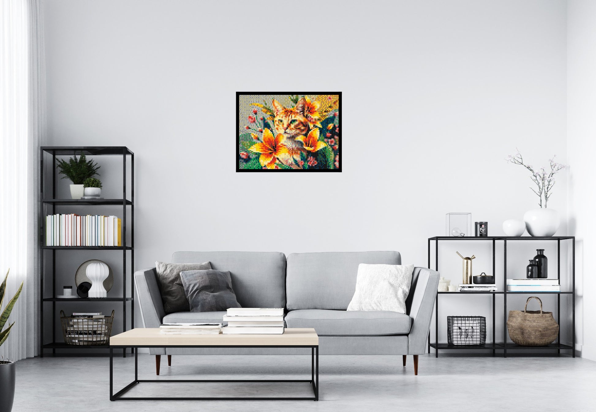 Ginger Tabby Cat with Orange Lilies and Pink Blossoms Illustration - Brick Art Mosaic Kit 4x3 scene with frame