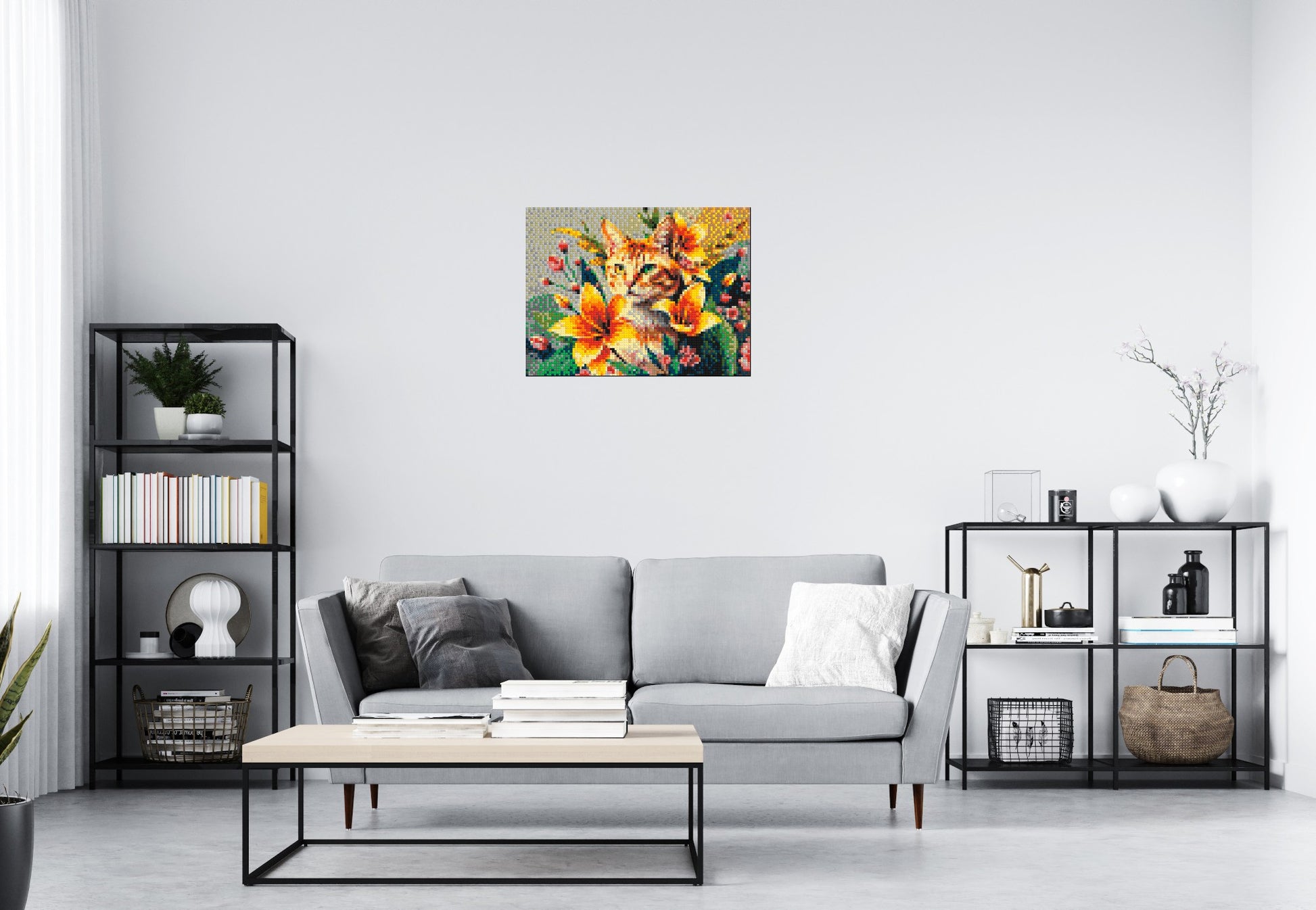 Ginger Tabby Cat with Orange Lilies and Pink Blossoms Illustration - Brick Art Mosaic Kit 4x3 scene