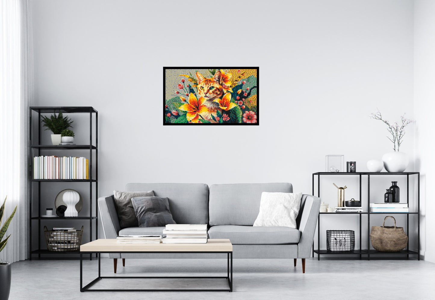 Ginger Tabby Cat with Orange Lilies and Pink Blossoms Illustration - Brick Art Mosaic Kit 5x3 large