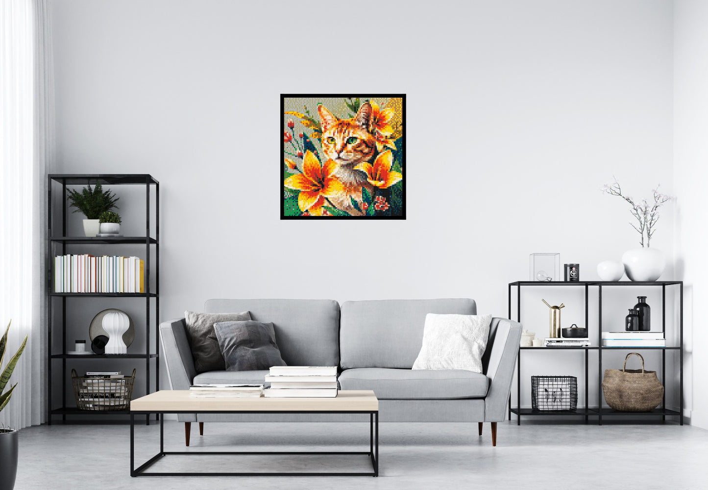 Ginger Tabby Cat with Orange Lilies and Pink Blossoms Illustration - Brick Art Mosaic Kit 4x4 large