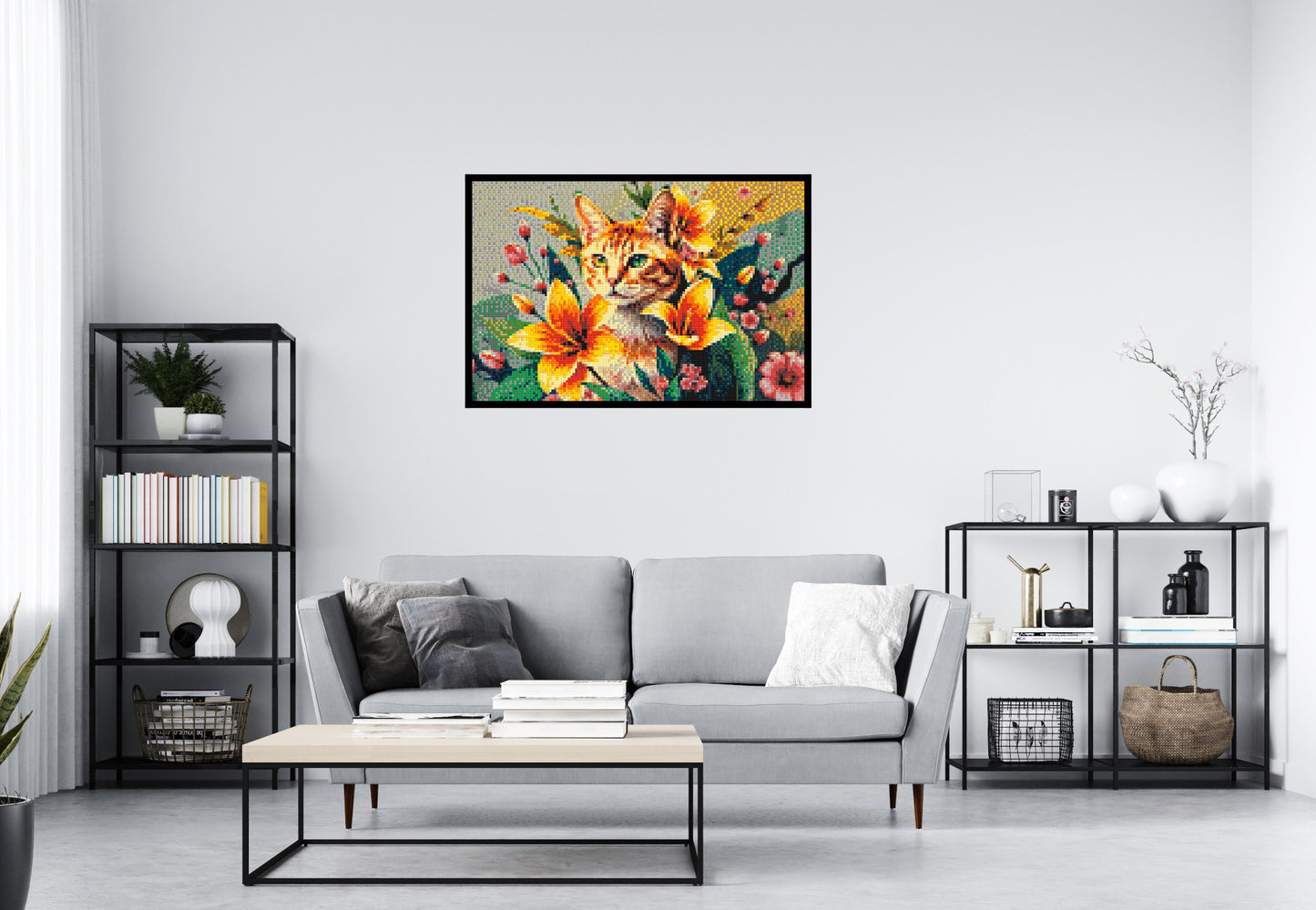 Ginger Tabby Cat with Orange Lilies and Pink Blossoms Illustration - Brick Art Mosaic Kit 6x4 large