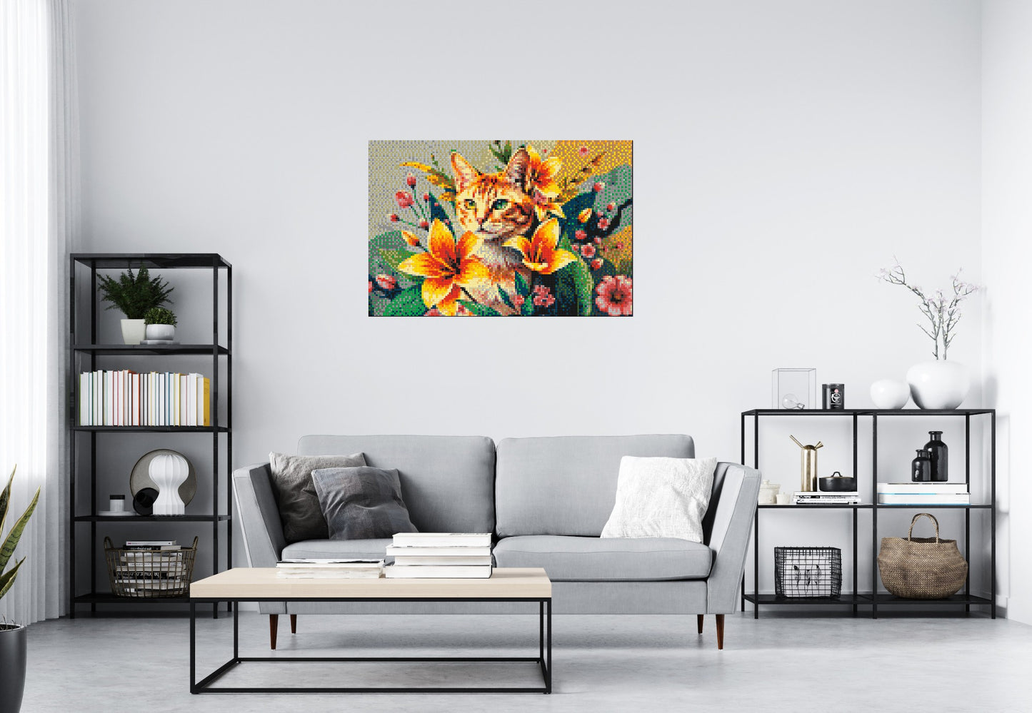 Ginger Tabby Cat with Orange Lilies and Pink Blossoms Illustration - Brick Art Mosaic Kit 6x4 large