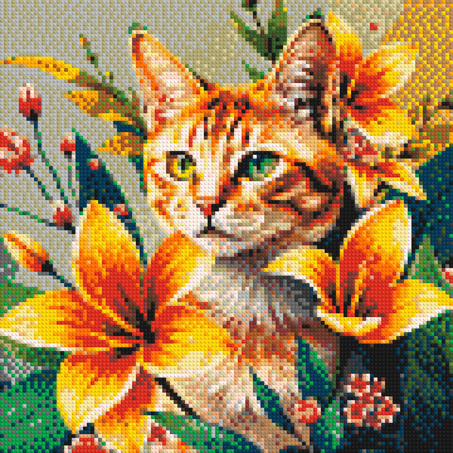 Ginger Tabby Cat with Orange Lilies and Pink Blossoms Illustration - Brick Art Mosaic Kit 5x5 large