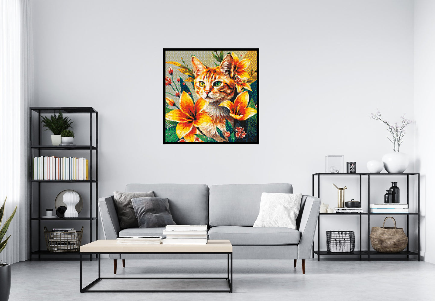 Ginger Tabby Cat with Orange Lilies and Pink Blossoms Illustration - Brick Art Mosaic Kit 5x5 large
