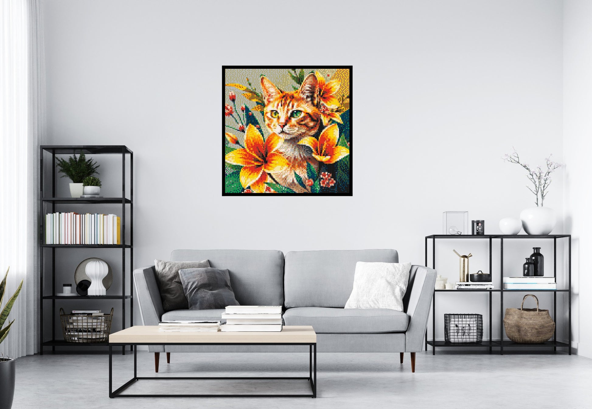Ginger Tabby Cat with Orange Lilies and Pink Blossoms Illustration - Brick Art Mosaic Kit 5x5 scene with frame