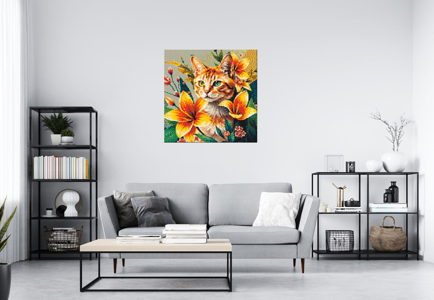 Ginger Tabby Cat with Orange Lilies and Pink Blossoms Illustration - Brick Art Mosaic Kit 5x5 large
