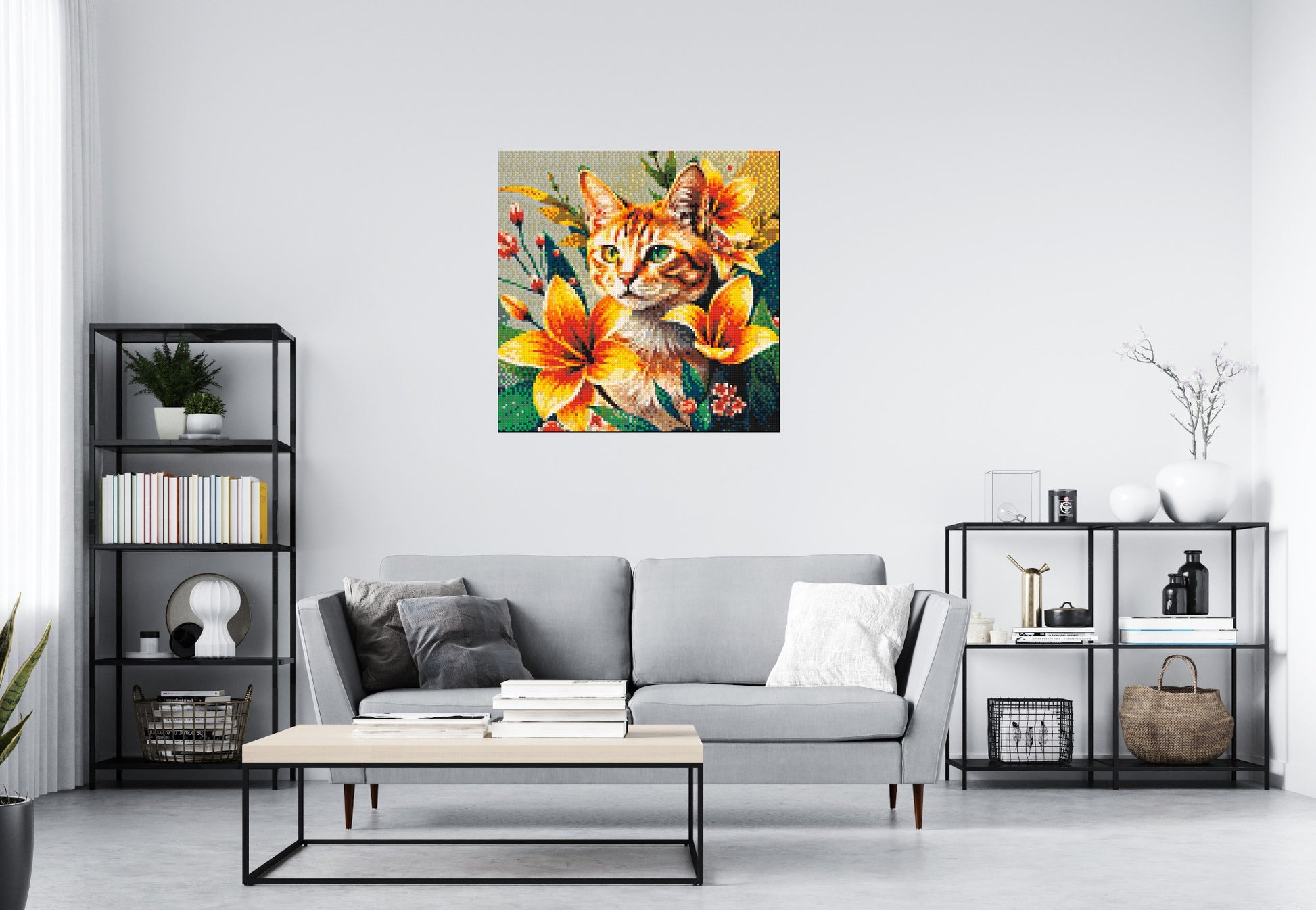 Ginger Tabby Cat with Orange Lilies and Pink Blossoms Illustration - Brick Art Mosaic Kit 5x5 scene
