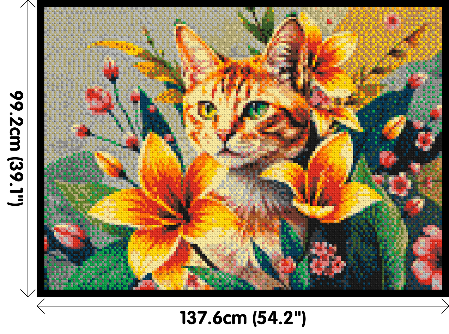 Ginger Tabby Cat with Orange Lilies and Pink Blossoms Illustration - Brick Art Mosaic Kit 7x5 large