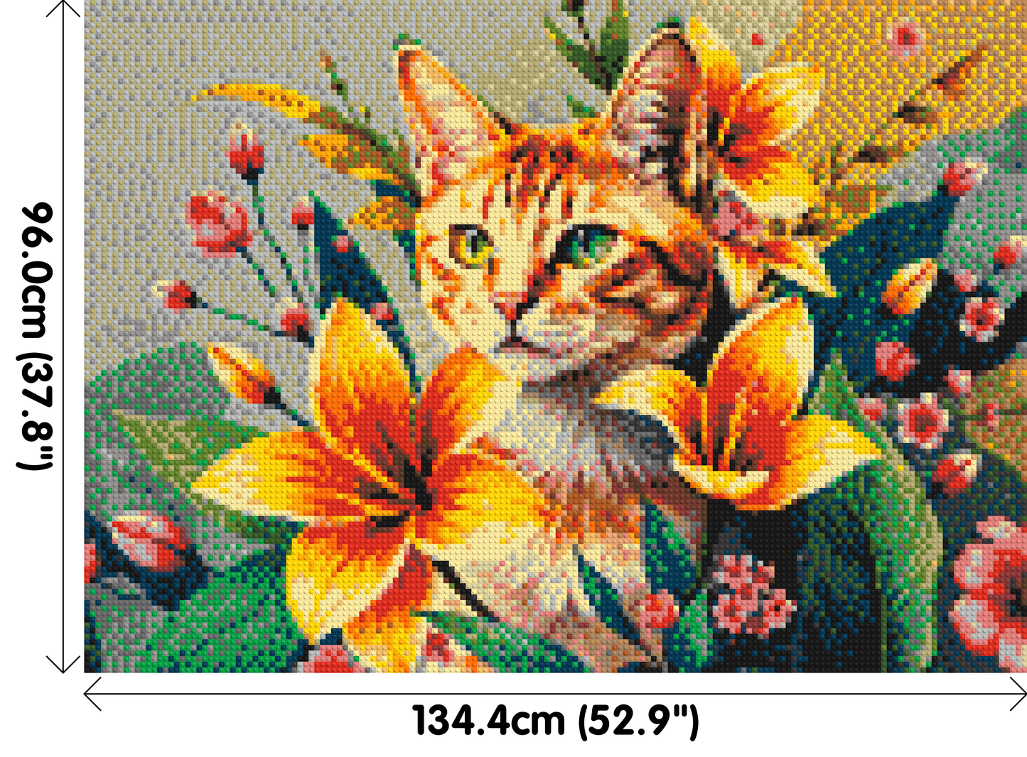 Ginger Tabby Cat with Orange Lilies and Pink Blossoms Illustration - Brick Art Mosaic Kit 7x5 large
