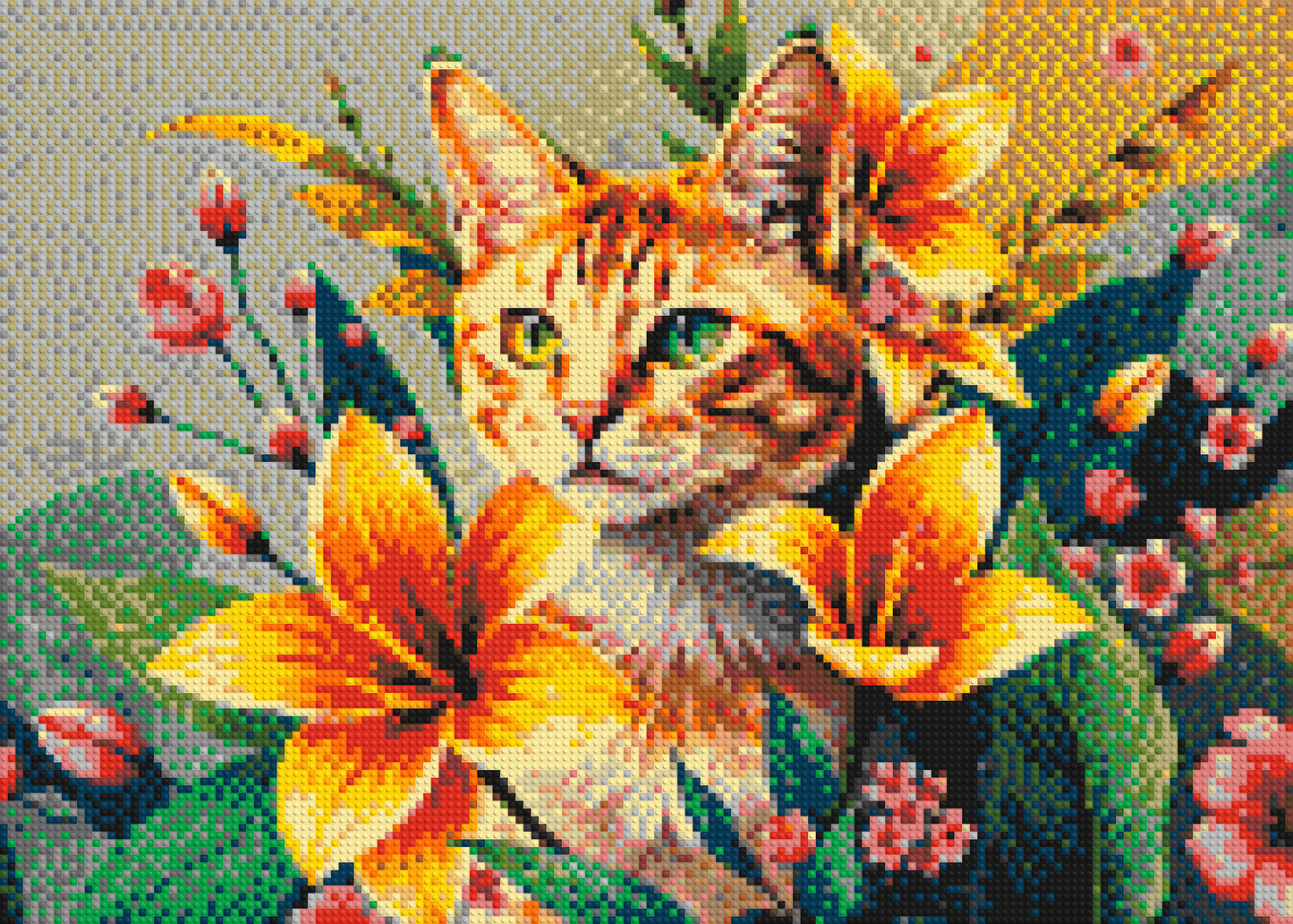 Ginger Tabby Cat with Orange Lilies and Pink Blossoms Illustration - Brick Art Mosaic Kit 7x5 large