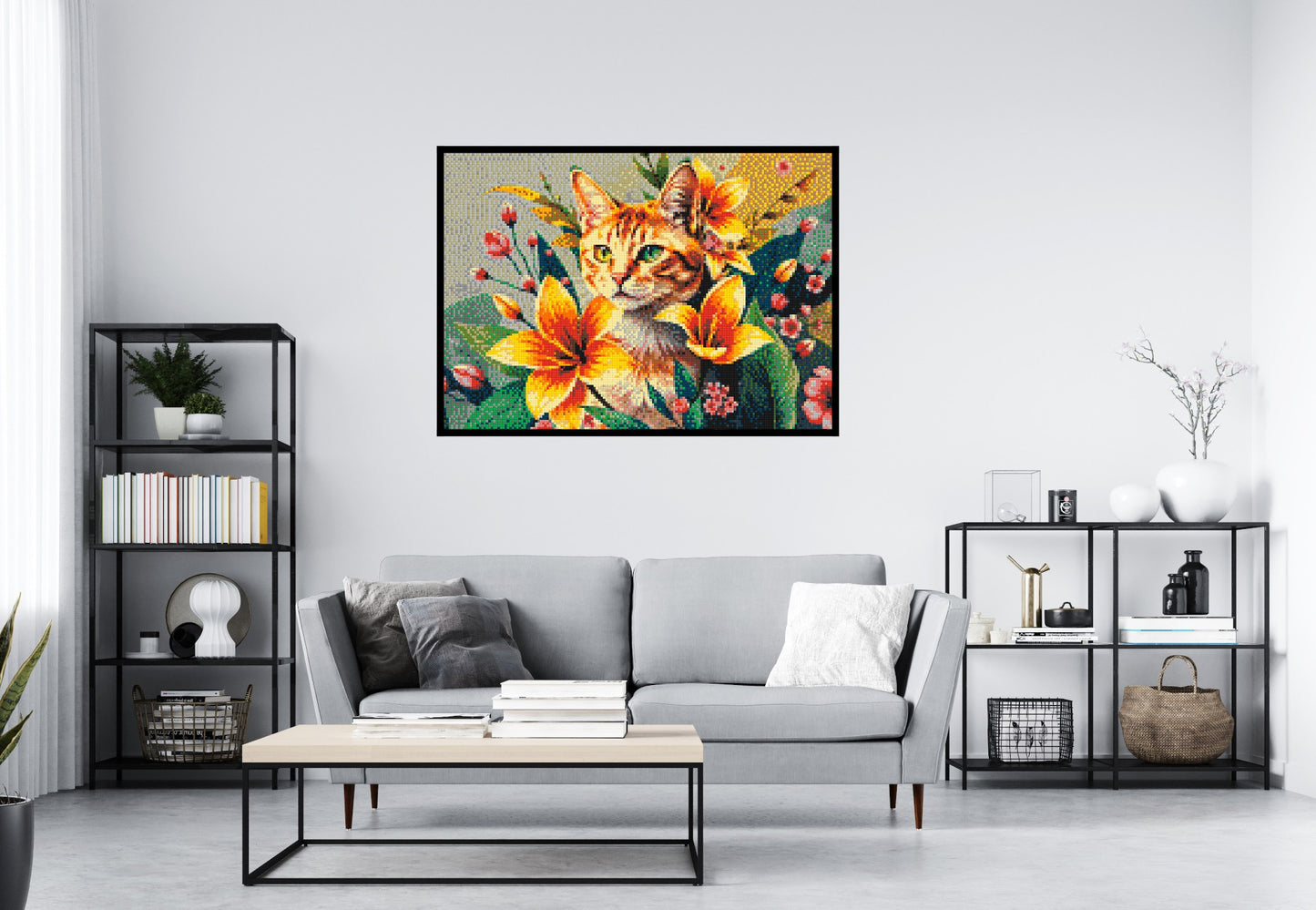 Ginger Tabby Cat with Orange Lilies and Pink Blossoms Illustration - Brick Art Mosaic Kit 7x5 large