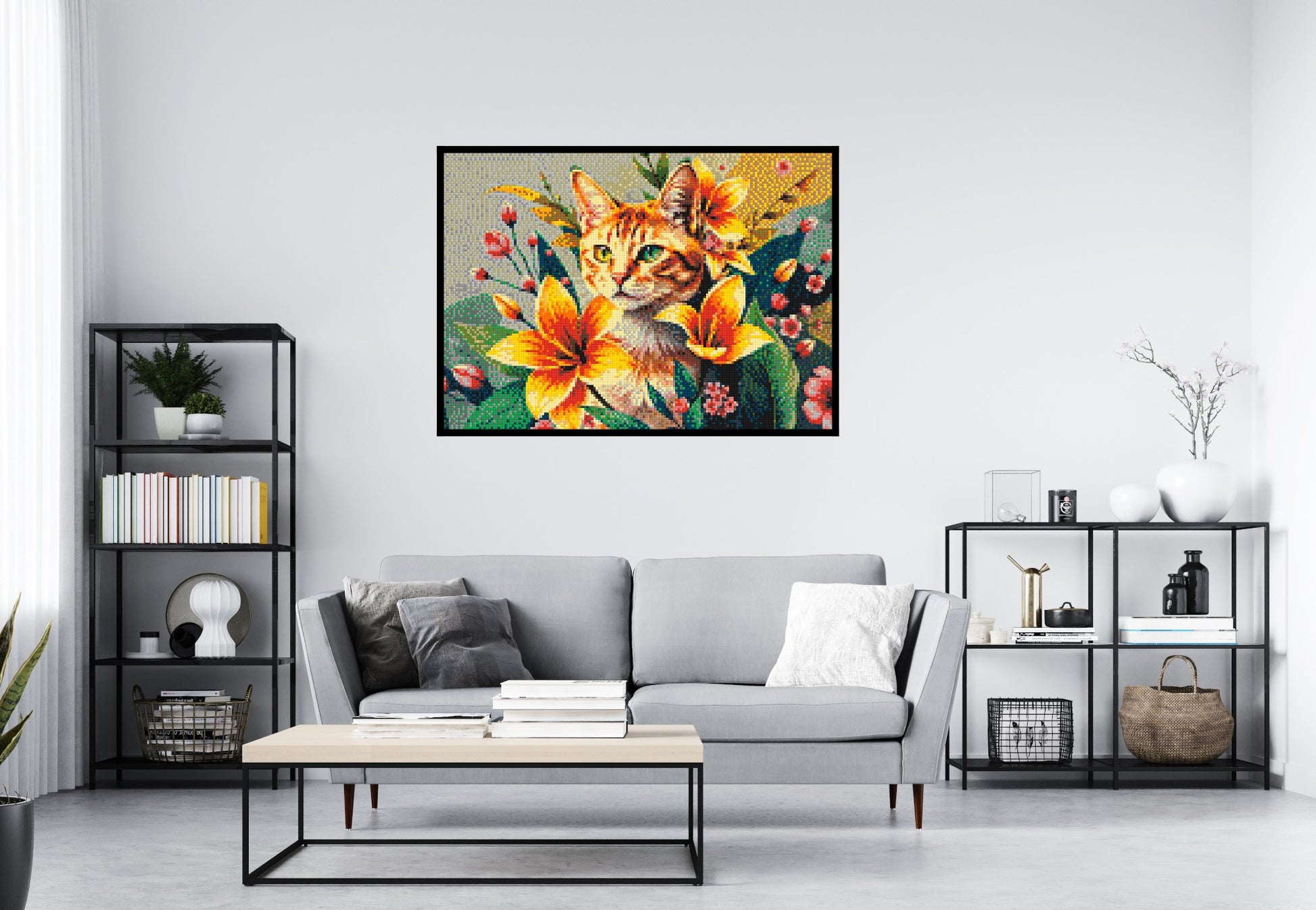 Ginger Tabby Cat with Orange Lilies and Pink Blossoms Illustration - Brick Art Mosaic Kit 7x5 scene with frame